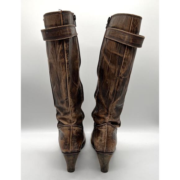 U ROADS Heeled Boots Womens 8 Brown Distressed Leather Knee High Round Toe - Picture 3 of 16